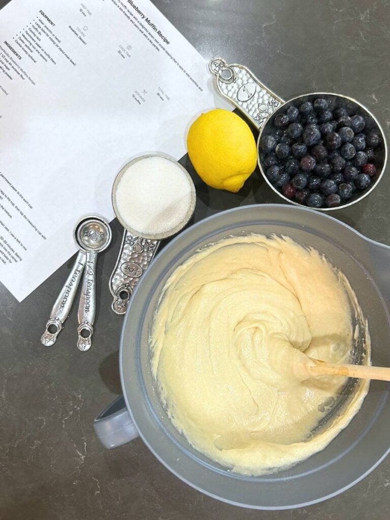 batter for blueberry muffins, frozen blueberries, lemon zest