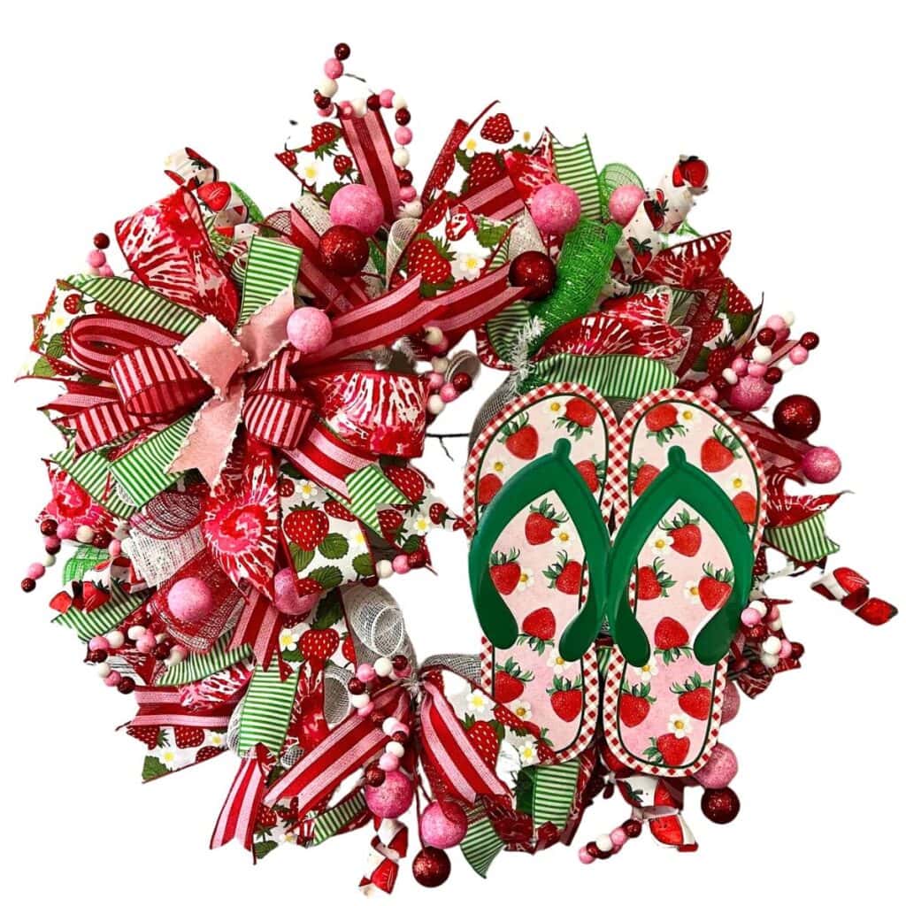 strawberry themed deco mesh wreath with metal flip-flop sign
