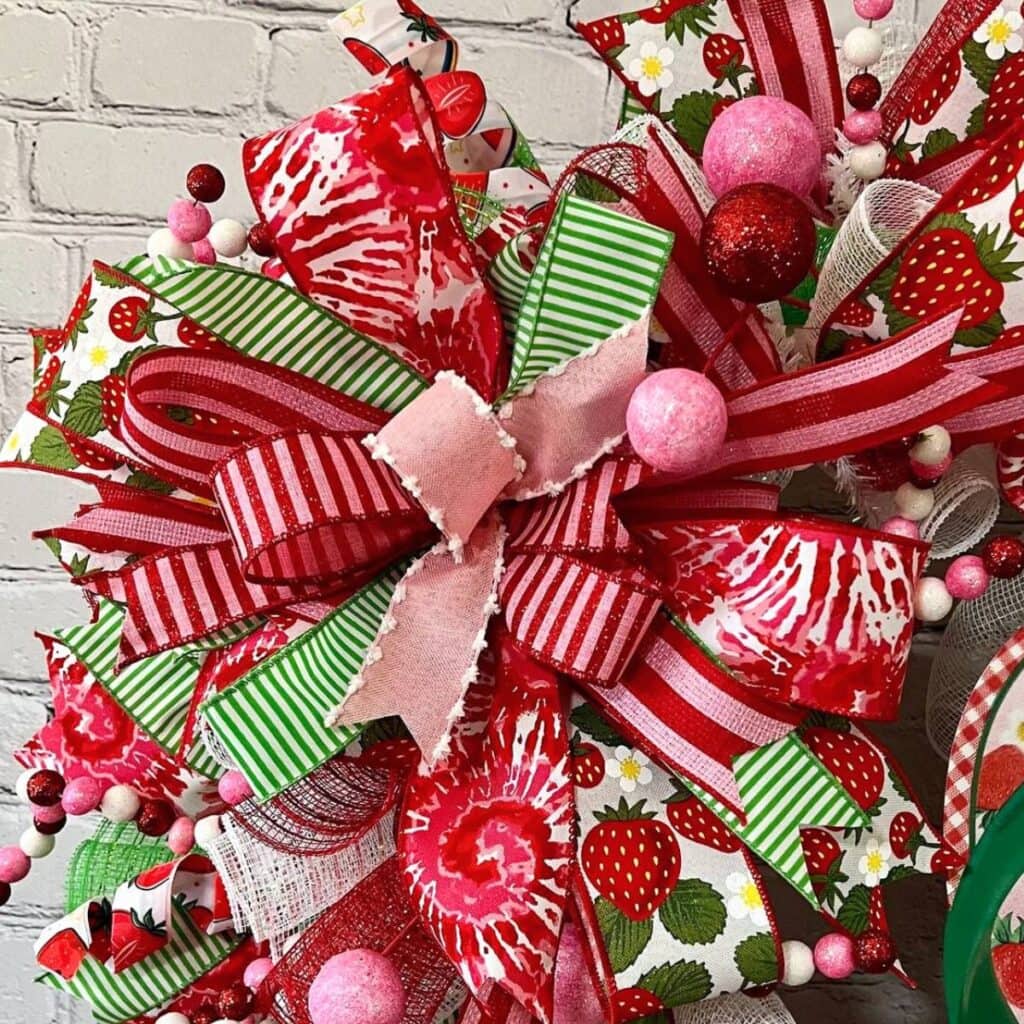 spring and summer deco mesh wreath with strawberry ribbon and a cute metal flip flop sign