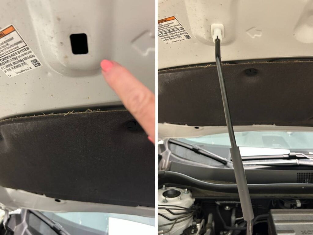 locate slot for rod to hold up car hood