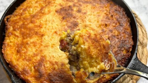 cornbread skillet dinner baked in a cast iron skillet
