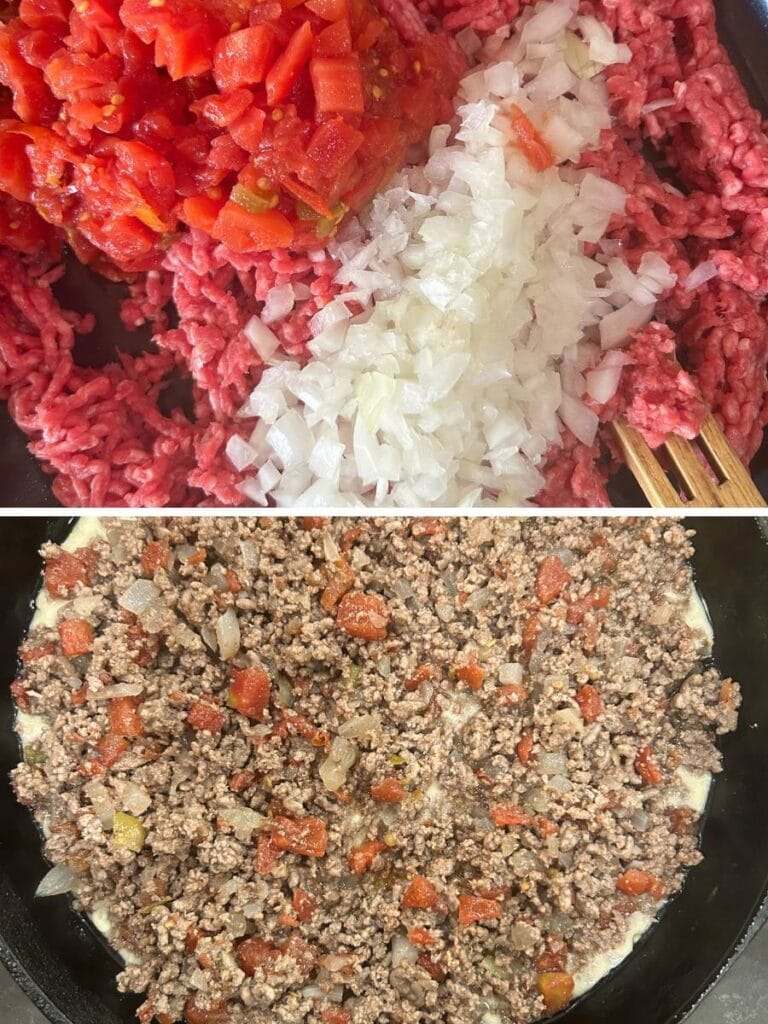 brown ground beef, onions and add rotel chilies and tomatoes