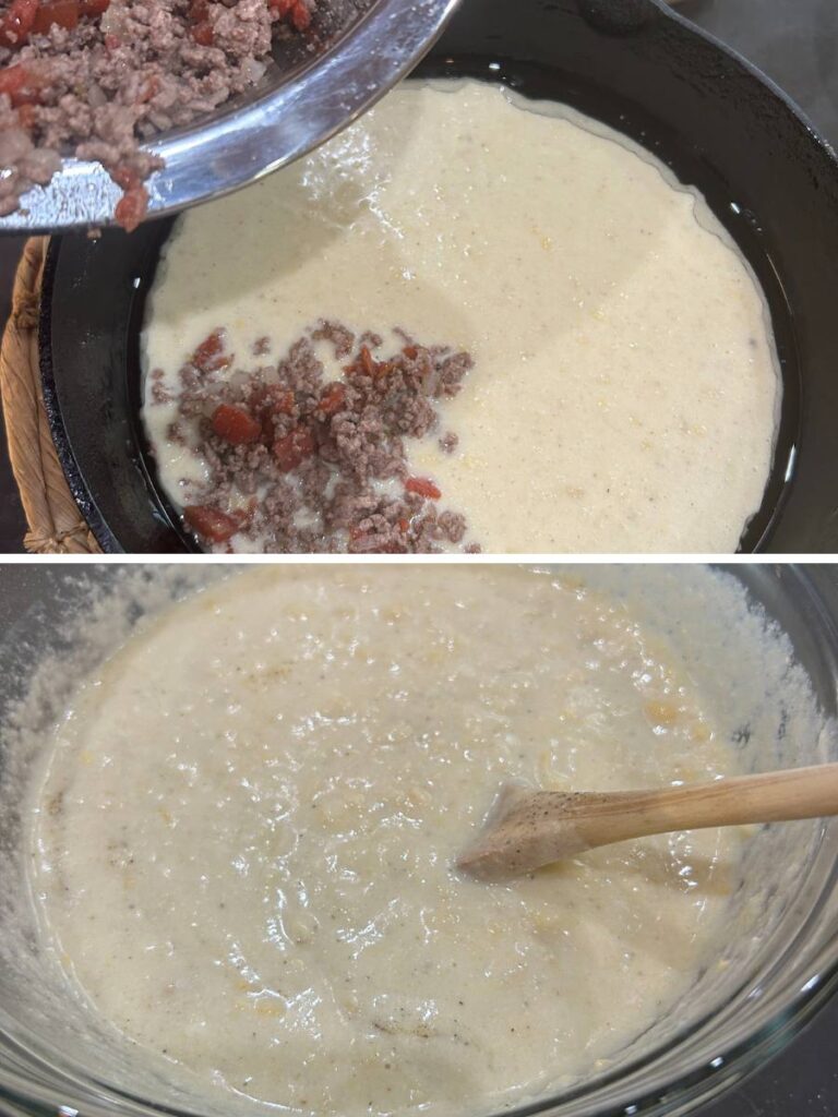 pour half of the cornbread batter into the skillet, layer the ground beef