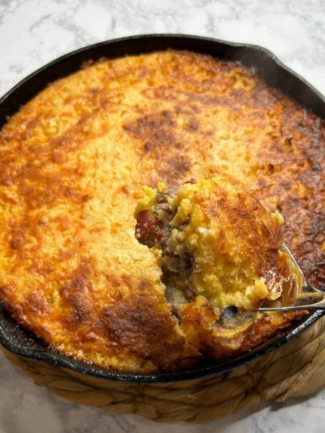 cornbread skillet dinner baked in a cast iron skillet