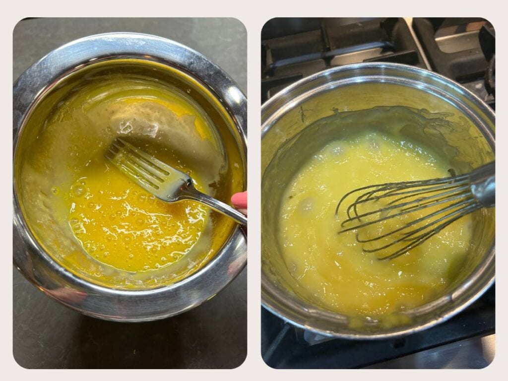 beat egg yolks and add to pie filling