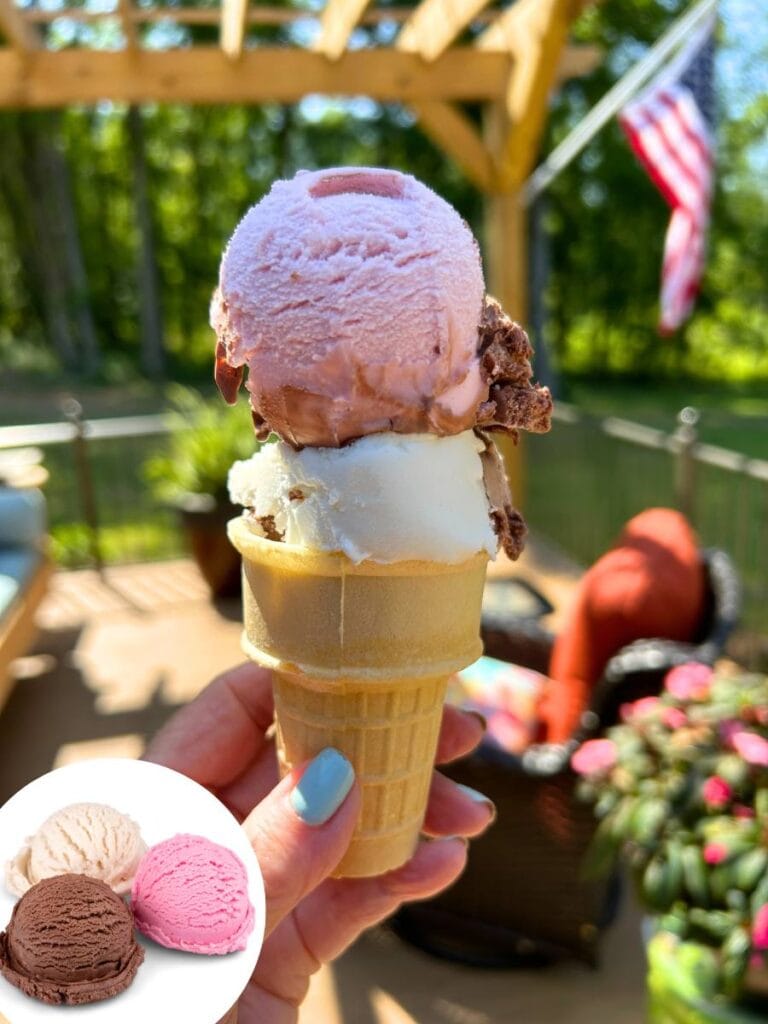 neopolitan ice cream in a cone