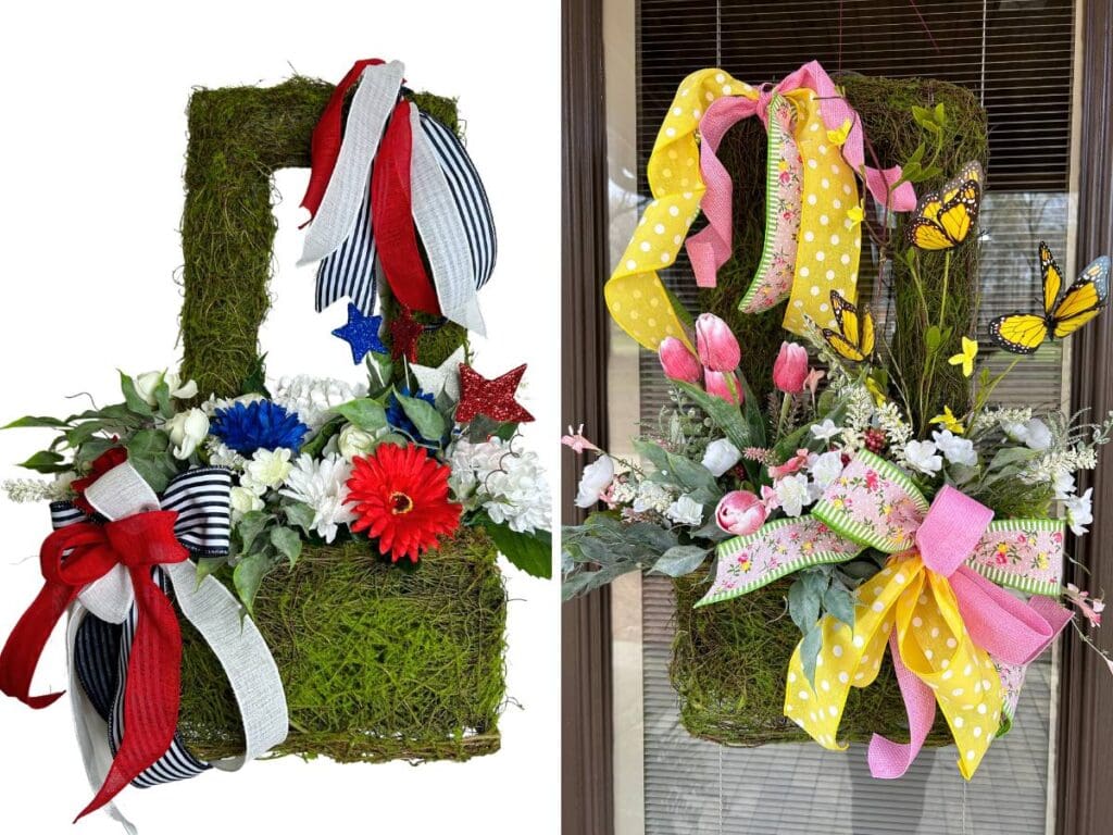 repurposed spring moss basket into a patriotic design