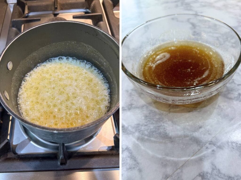 brown butter by melting and cooking until amber colored, cool before adding to cookie batter