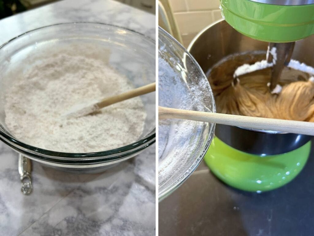 mix dry ingredients of flour, baking powder, baking soda, salt and cinnamon together, then add a little at a time to cookie batter