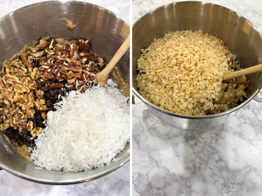 add nuts, chocolate chips, and coconut to the ranger cookie batter. add rice krispies last, stir by hand