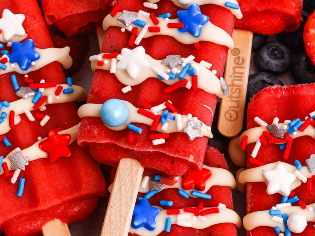 strawberry bars decoration with white chocolate and patriotic sprinkles