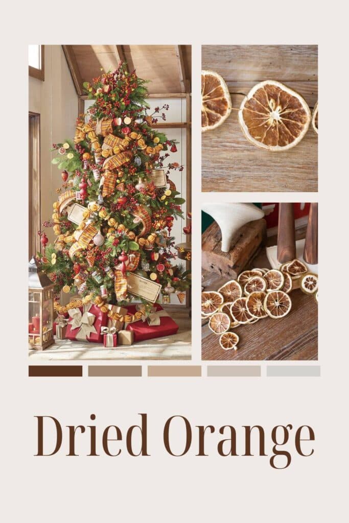 christmas tree decorated with dried orange garland, cinnamon stick bundles, spice jars and boho decor, perfect for fall and winter decorating