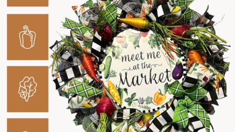 deco mesh wreath with raffia veggies and meet me at the market sign