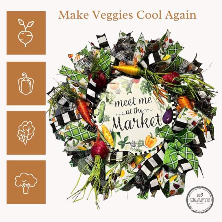 deco mesh wreath with raffia veggies and meet me at the market sign
