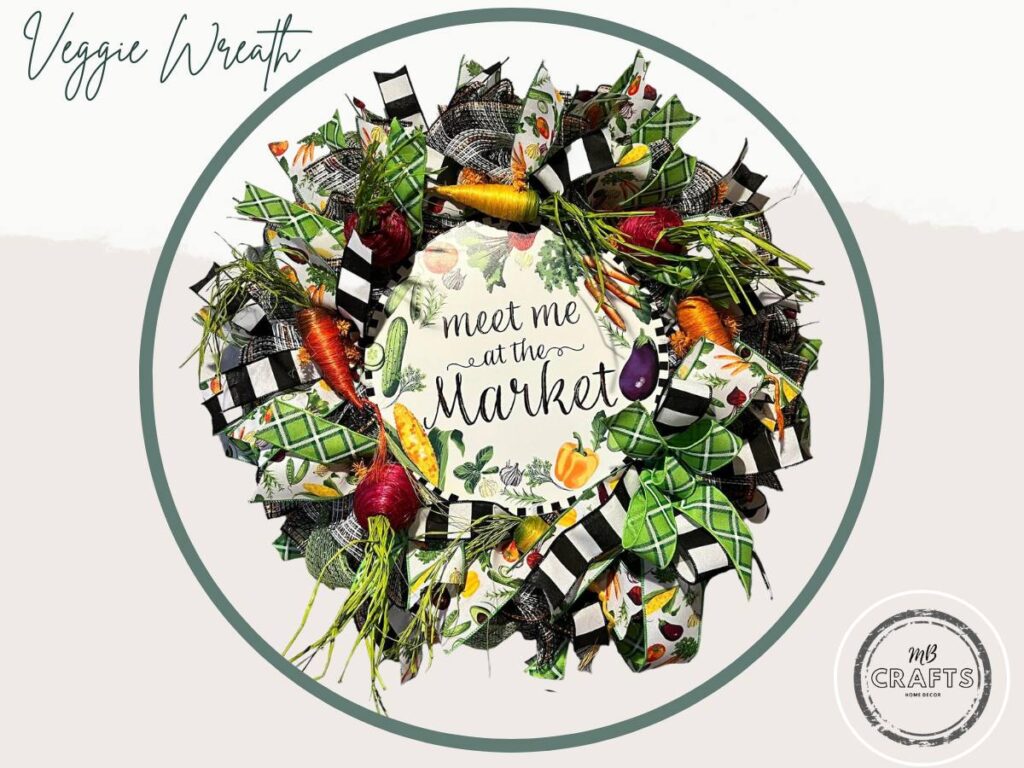 deco mesh wreath with raffia veggies, ribbons and market sign with vegetables