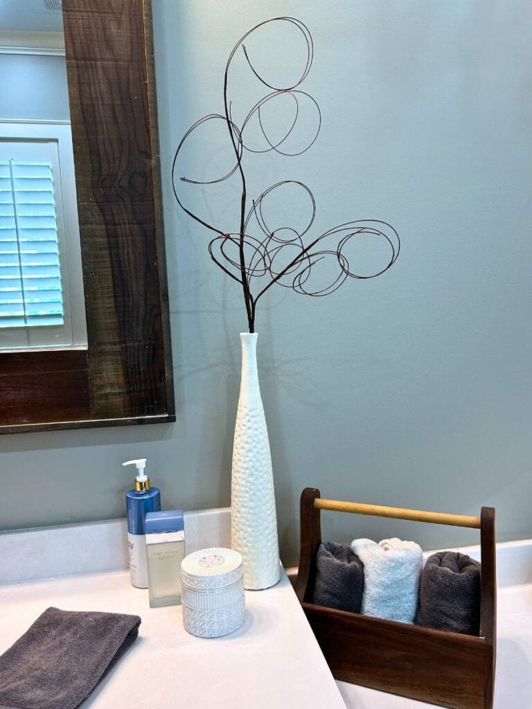 shorter vase after repurposing on bathroom vanity, filled with brown curly twig