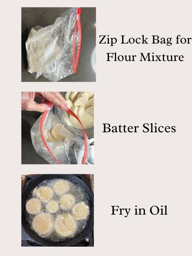 batter eggplant slices in egg and milk mixture, then dredge in a mixture of flour and cornmeal using a ziplock back