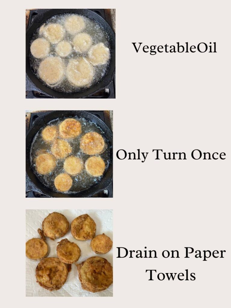 fry battered eggplant slices in hot vegetable oil, turn only one, drain on paper towels