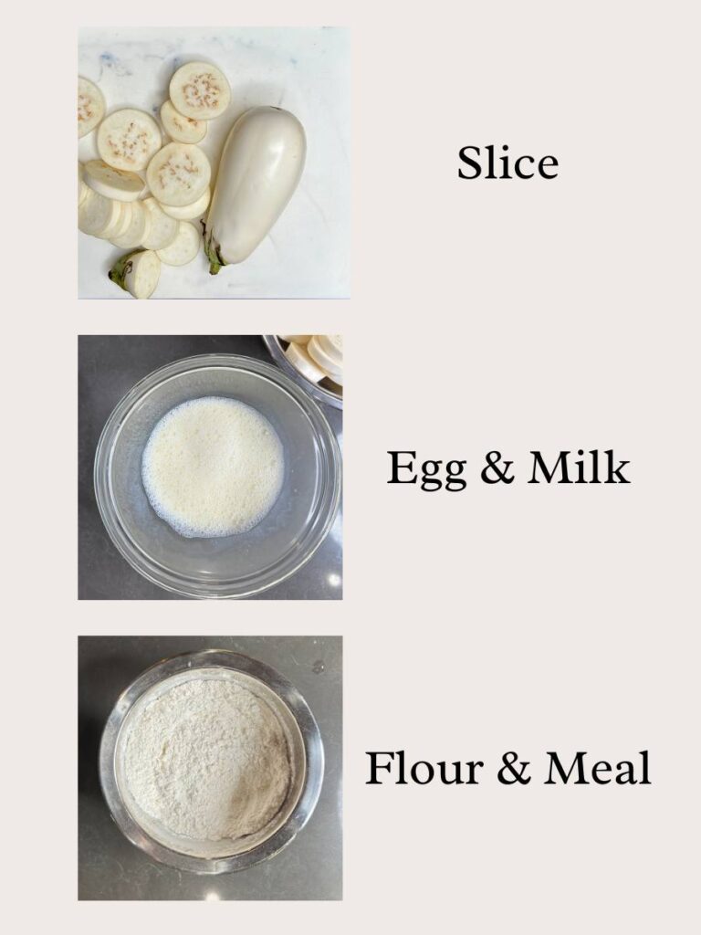 slice vegetable, dip in mixture of beaten egg and milk