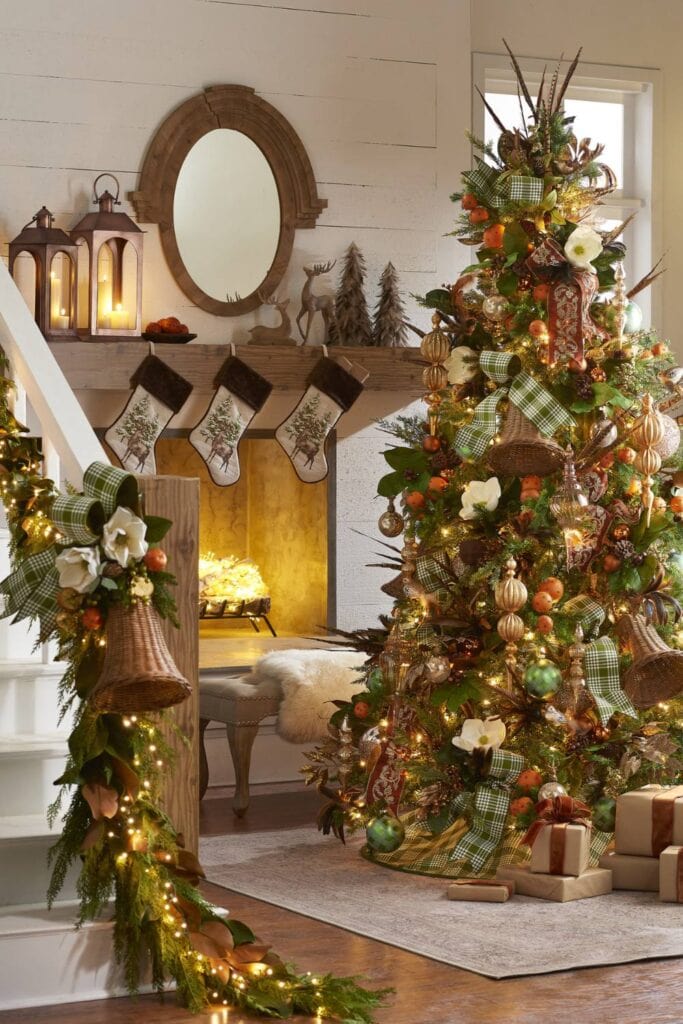 christmas tree decorated with bold plaid ribbon, orange garlands, large finials and balls, faux pheasant picks