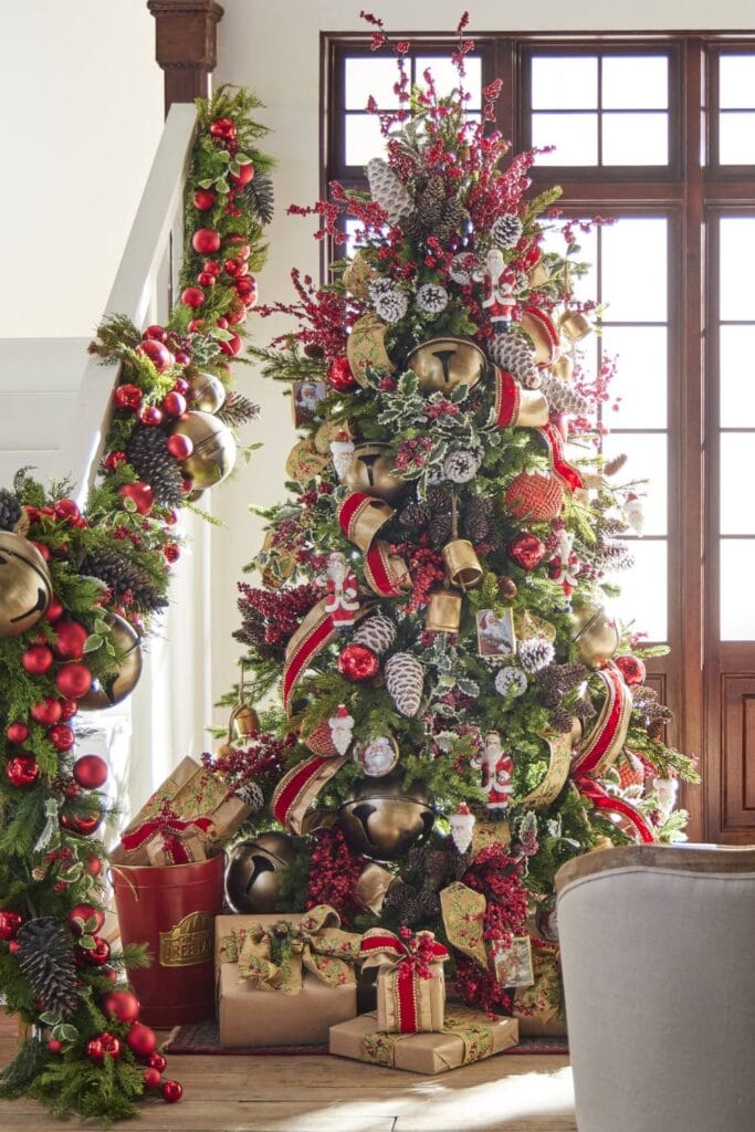 christmas tree decorated with large sleigh and jingle bells, old fashioned christmas ornaments