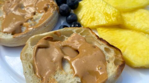 bays english muffins with peanut butter, pineapple, and blueberries