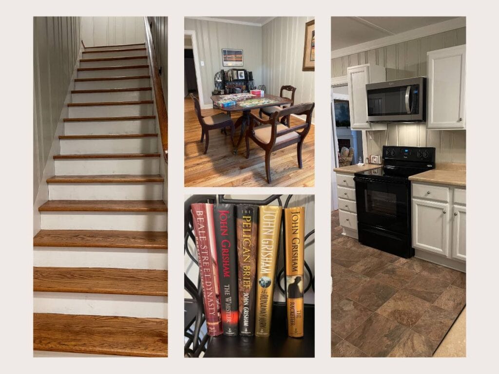 game room, kitchen, steep stairs, books by john grisham