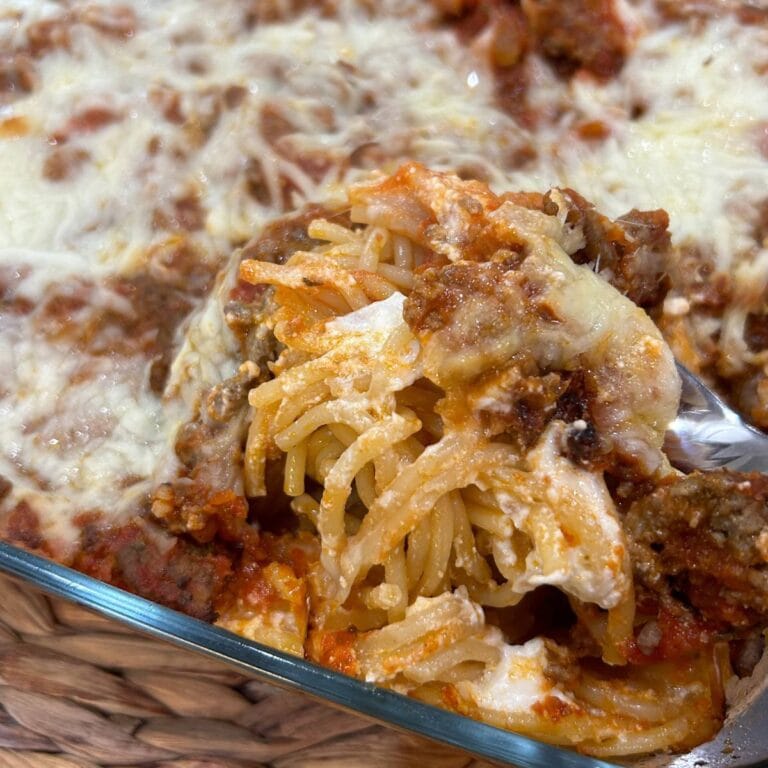 closeup of a dish of million dollar spaghetti