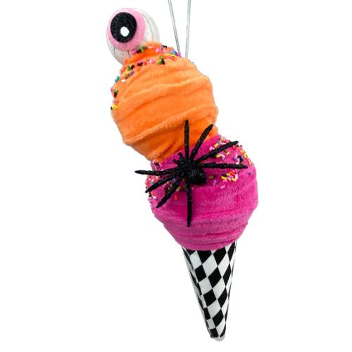 plush halloween ice cream cone in pink and orange with black and white checked cone
