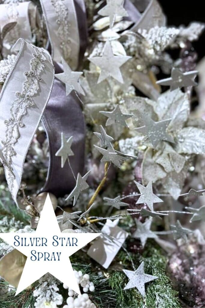 silver star spray used to decorated a christmas tree, rich embroidered silver ribbon with jewels, silver poinsettias