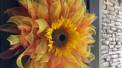 mixed sunflower wreath made out of deco mesh