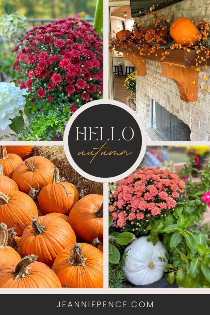 assorted fall mums and pumpkins on mantel display