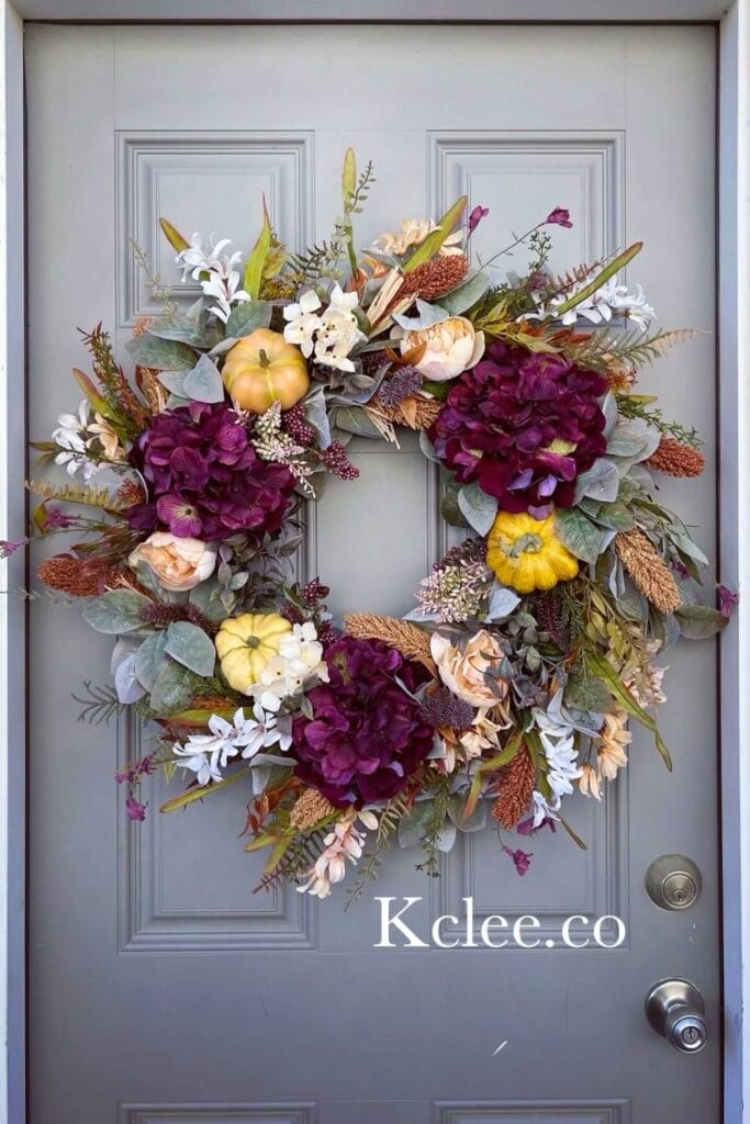 fall grapevine wreath using eggplant hydrangeas