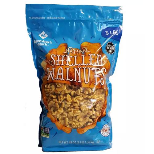 shelled english walnuts in a three pound bag