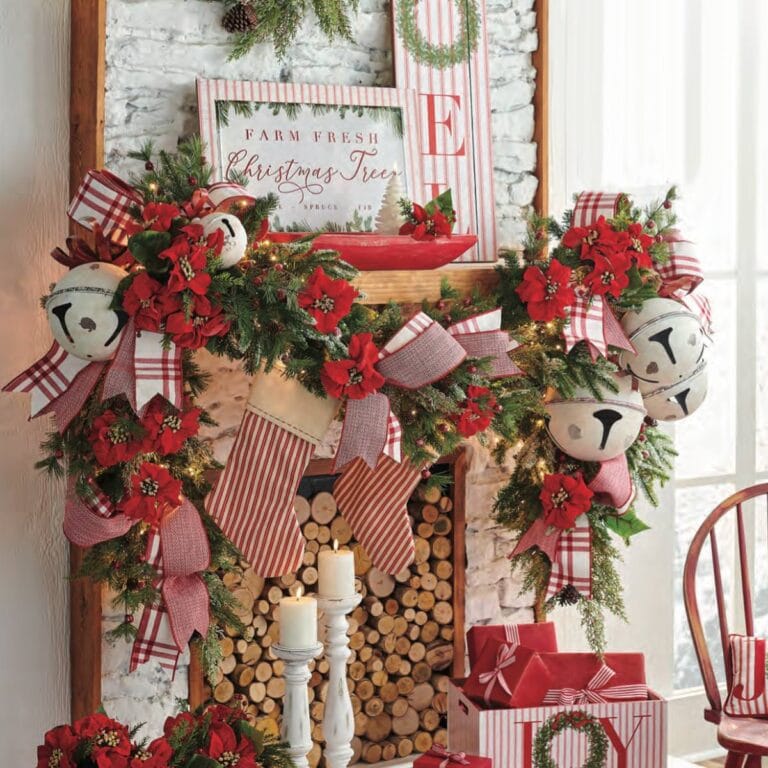 country style christmas decorations with red, ticking ornaments, red ribbon, poinsettias, cardinals