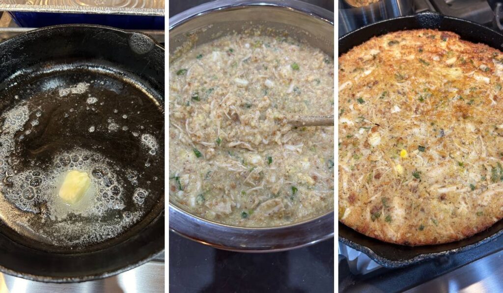 chicken dressing baked in a cast iron skillet