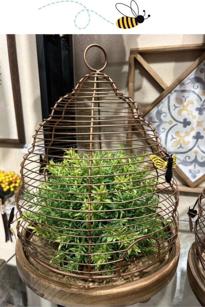 bee skep (hive) lantern with wood base and wire top