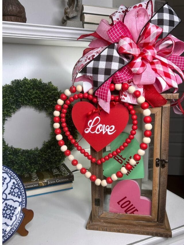 valentine lantern topper with beaded heart sign and conversation hearts