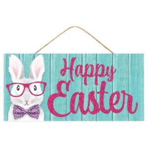 happy easter sign with white bunny wearing glasses