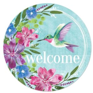 round metal spring welcome sign with hummingbird and flowers