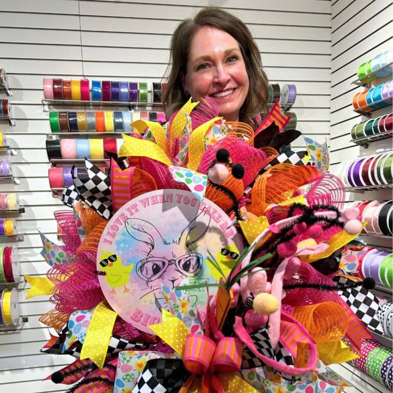 easter wreath made with mesh ribbons and exclusive sign from trendy tree