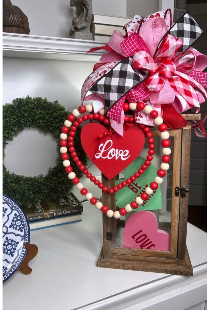valentine lantern topper with beaded heart sign and conversation hearts