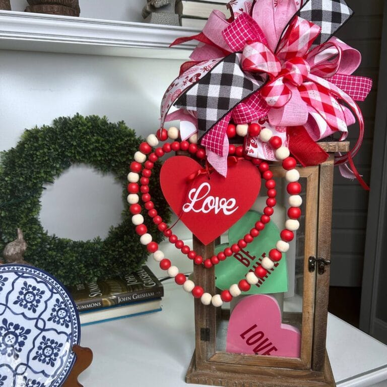 valentine lantern topper with beaded heart sign and conversation hearts