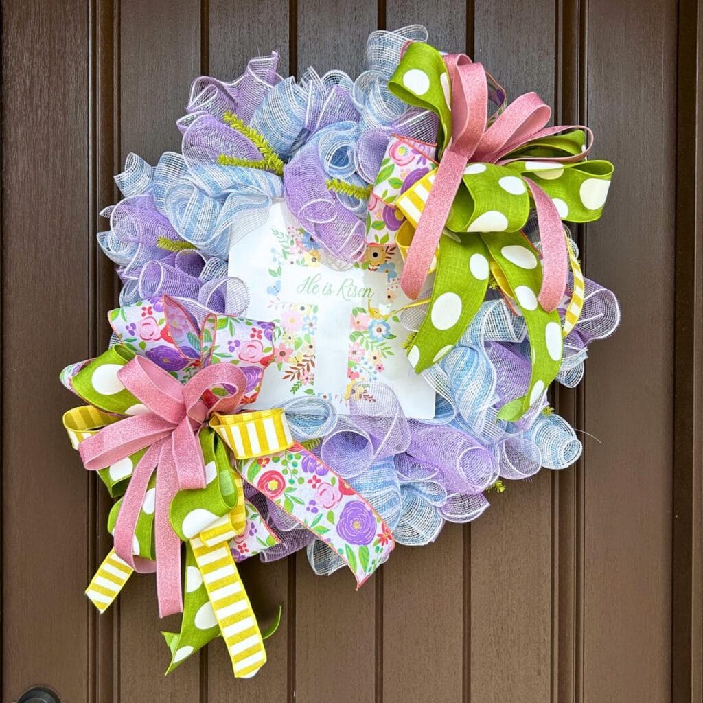 deco mesh easter wreath with he is risen sign