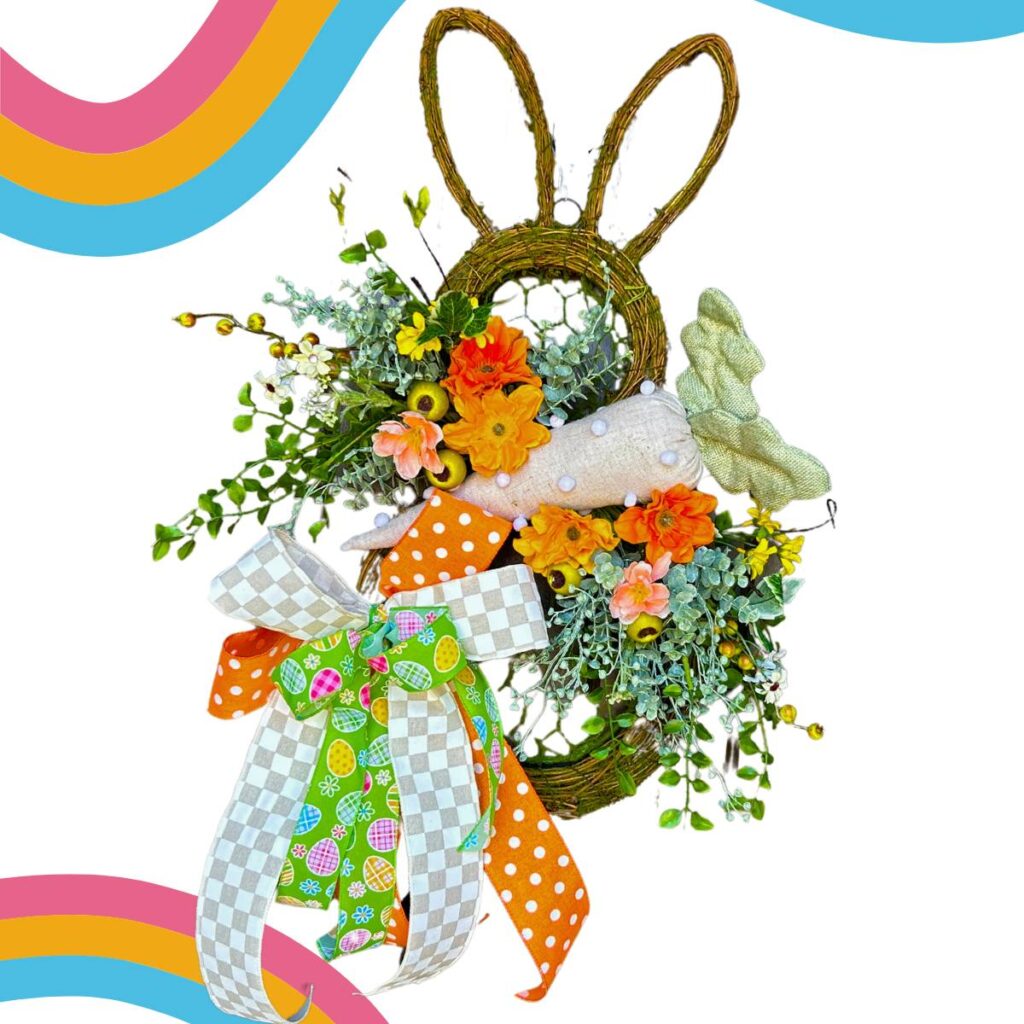 twig and moss bunny door hanger with flowers and spring ribbon