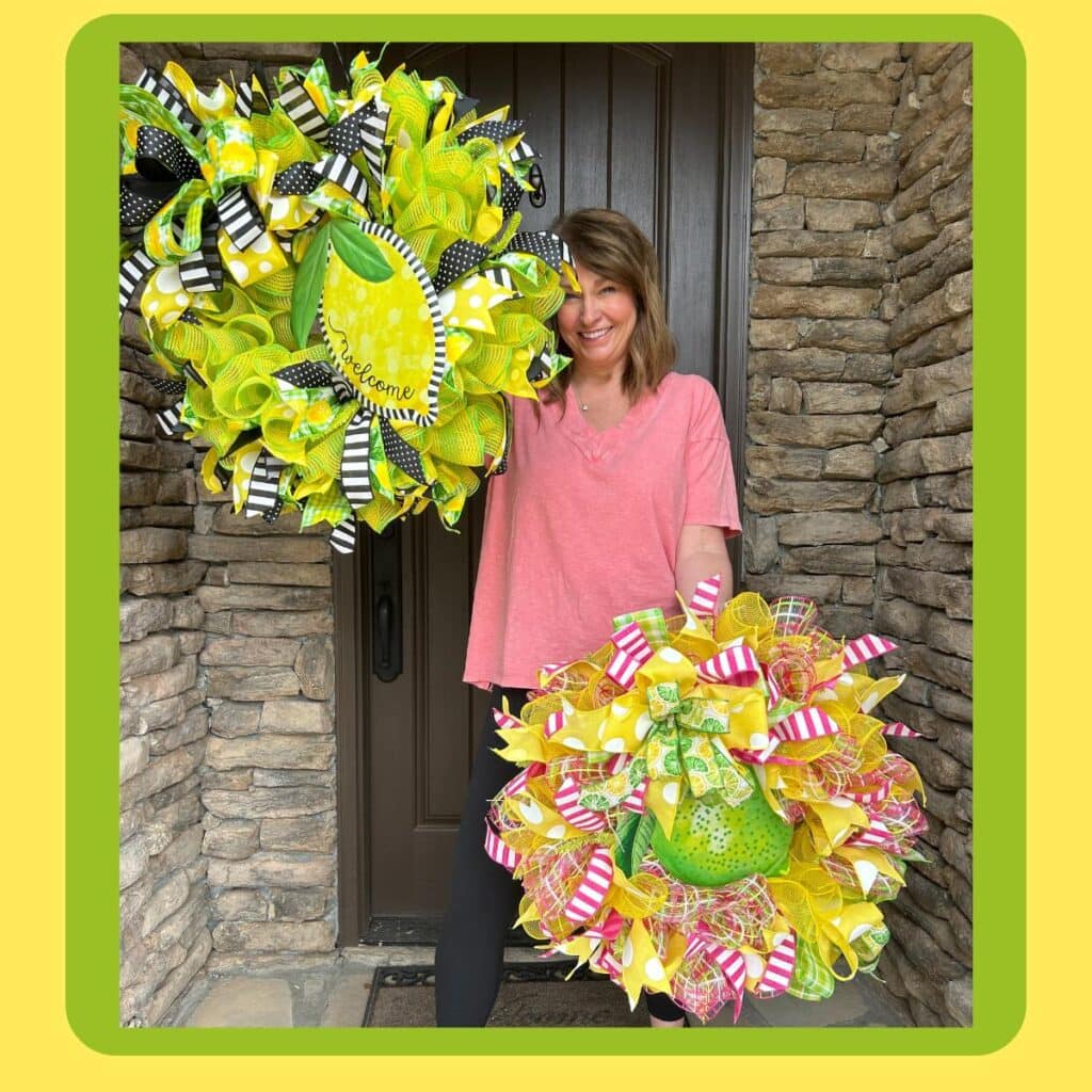 two deco mesh ruffle wreath tutorials, one with a lemon sign and one with a lime sign