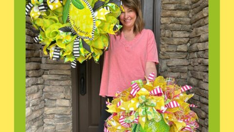 two deco mesh ruffle wreath tutorials, one with a lemon sign and one with a lime sign