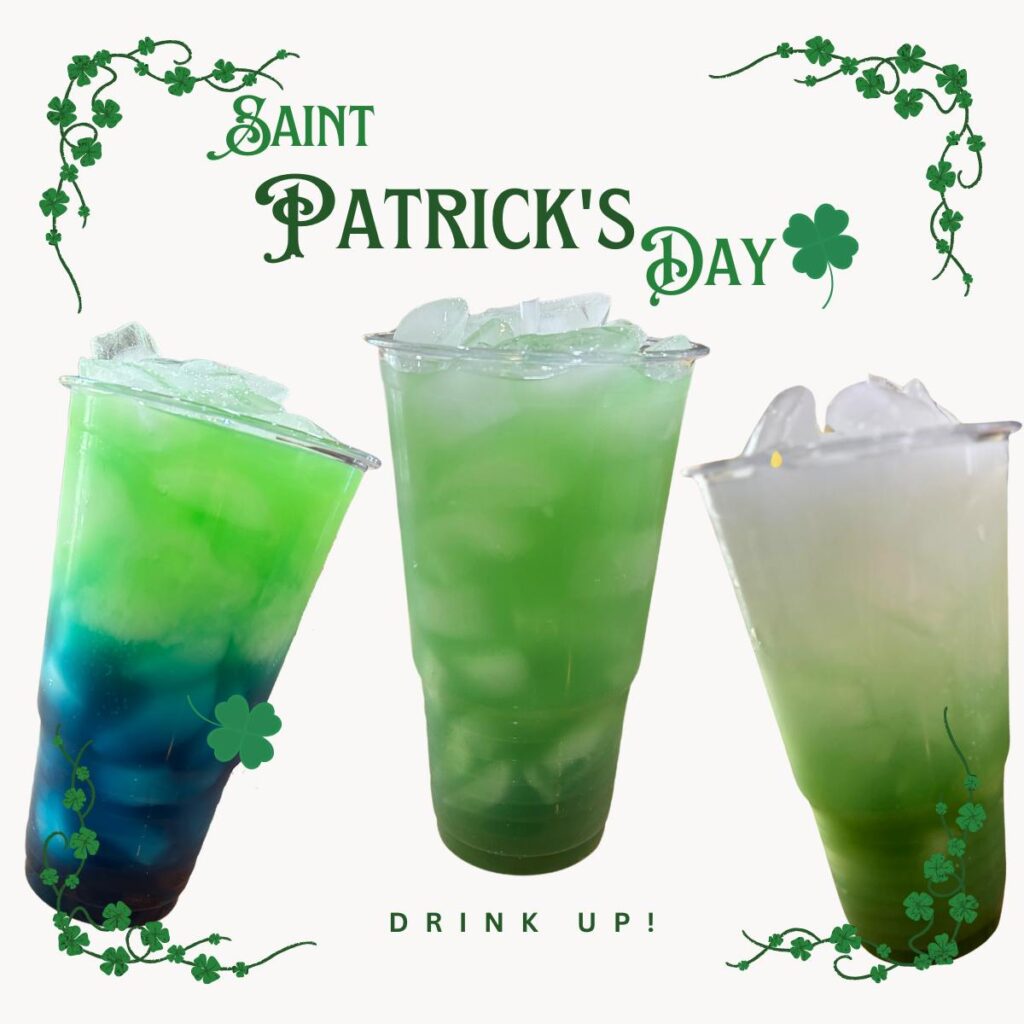 three flavors of loaded teas for St. Patrick's Day that are shades of green