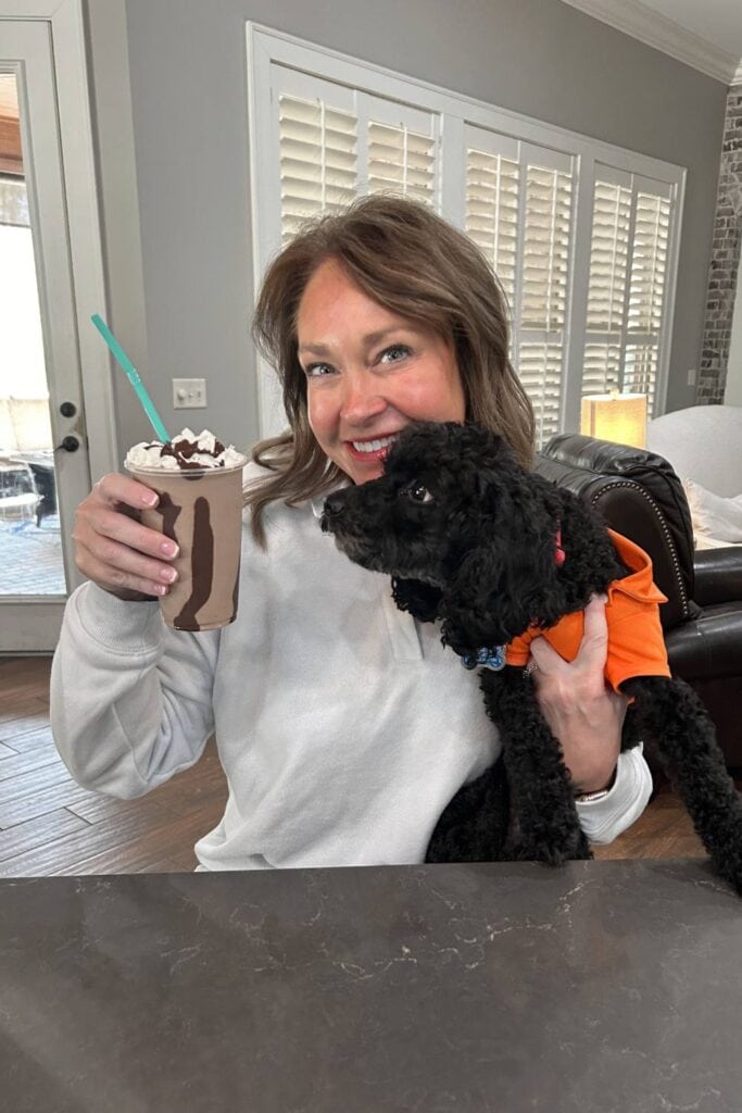 carrie having an almond joy protein shake, and her do saint