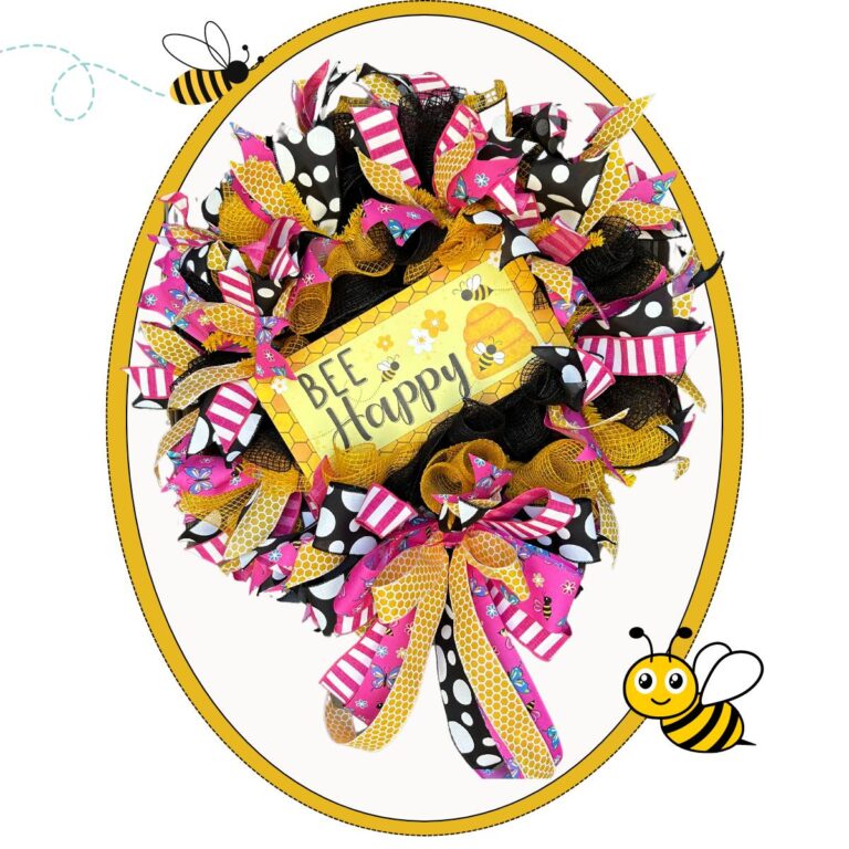 deco mesh wreath with bee happy sign